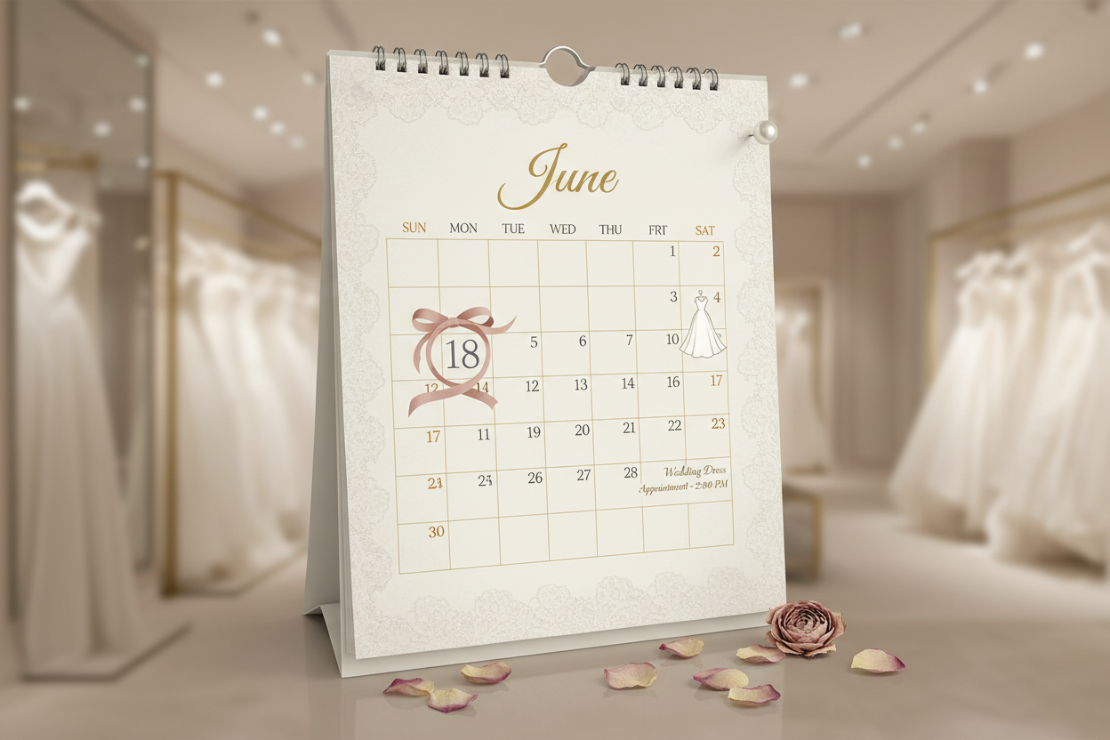 calendar with a booked date for a wedding dress