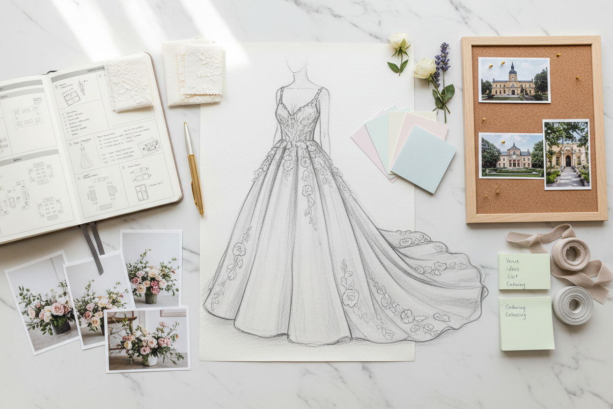 i need a sketch of the wedding dress on the table as well as ideas about wedding and wedding planner